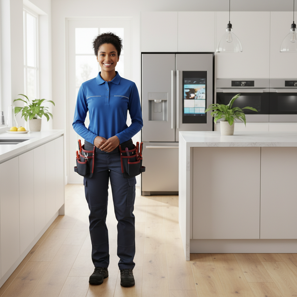 Smiling appliance repair technician in a modern kitchen
