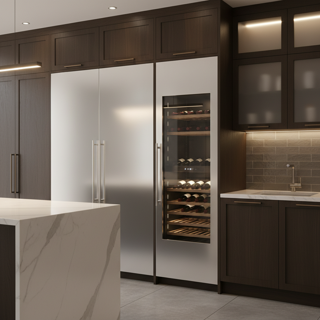 High-end built-in refrigerator and wine cooler in a modern kitchen