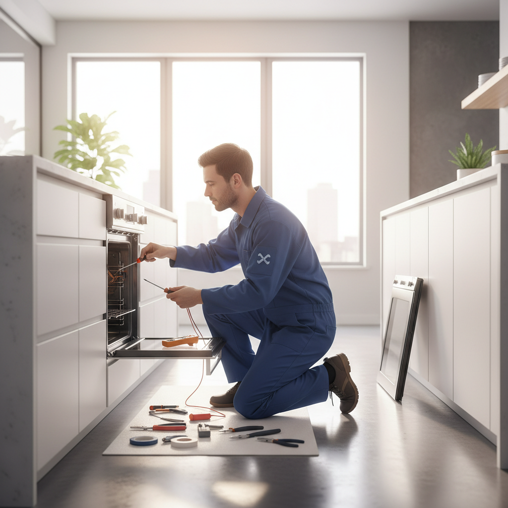 Technician repairing a built-in oven in a bright kitchen